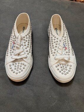 Superga White Canvas Sneakers With Silver Studded Detailing Womens Lace-Up Casua